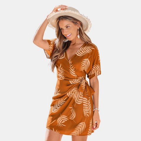 Женские платья Cupshe Women's Tropical Leaf Print Wrap Mini Dress-M-Brown