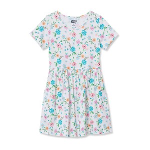 Lands' End Girls Short Sleeve Gathered Waist Jersey Dress - Antique Ivory Floral