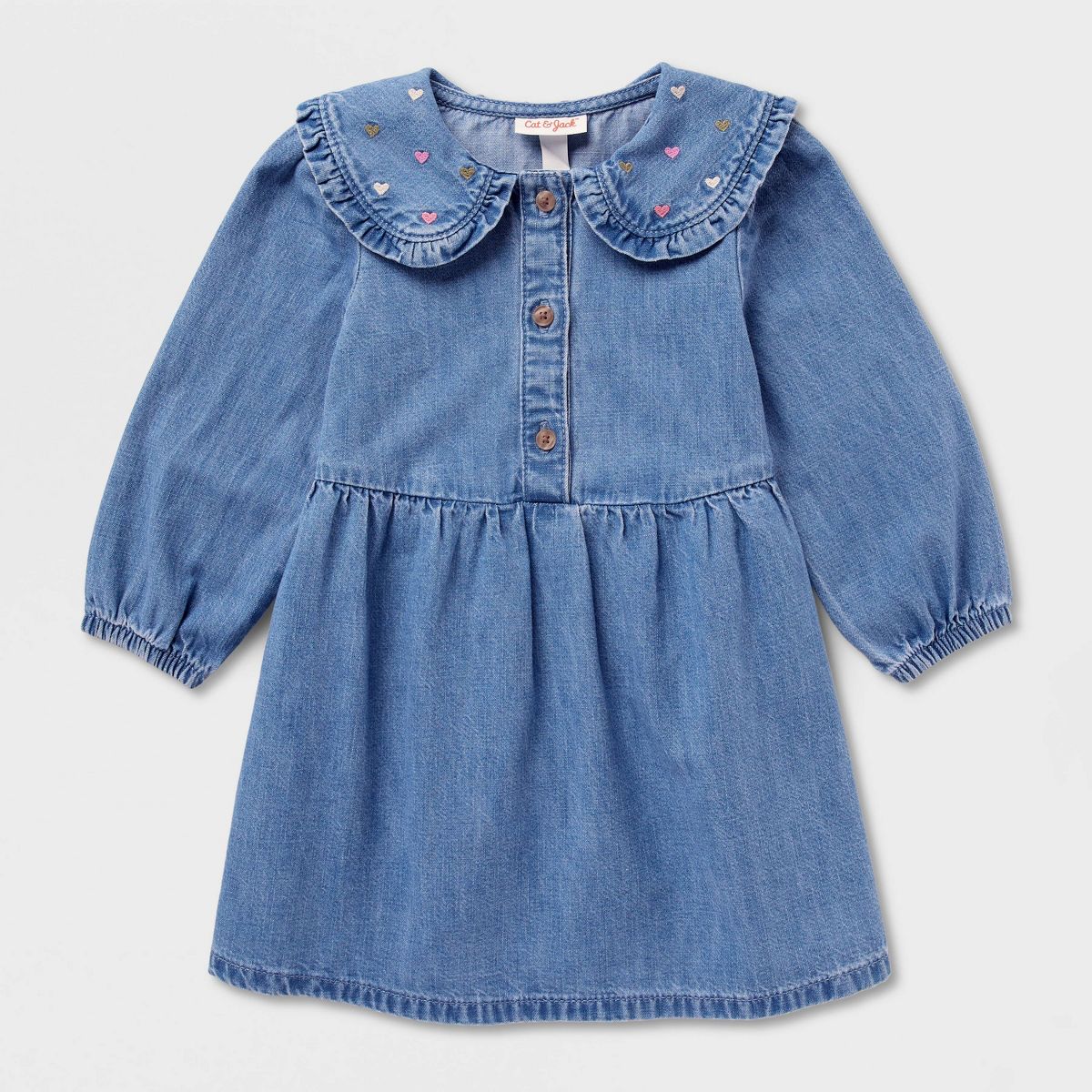 Baby and Toddler Girls' Long Sleeve Heart Collar Denim Dress - Cat & Jack™ Medium Wash - thumbnail 2