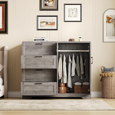 TackView Multifunctional Wooden Dresser for Bedroom, 43.3'' H 2 Door Wardrobe Armoire Closet with 4 Drawers and Hanging Rod