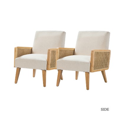 Chloé Cane Accent Chair with Rattan Armrest Upholstered Living Room Arm Chair Set of 2 | Karat Home