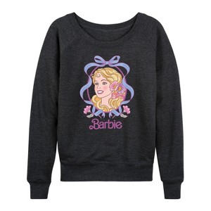 Women's - Barbie - Portrait Floral Coquette Bow Lightweight French Terry Wide Neck Long Sleeve Graphic Shirt - 1 of 4