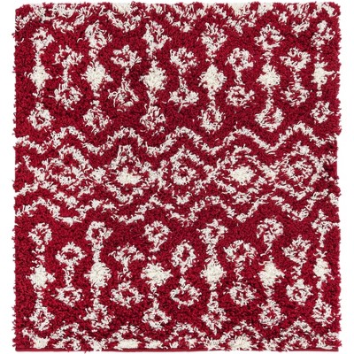 Red and Ivory Square Trellis Shag Area Rug