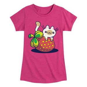 Girls' - Instant Message - Kawaii Cat with Strawberry Fitted Short Sleeve Graphic T-Shirt - 1 of 4