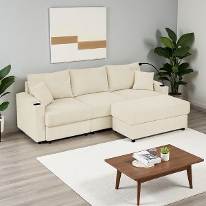 Modern 102" Corduroy L-Shaped Sectional Sofa with Storage Ottomans, Cup Holders & Phone Holder - 1 of 4