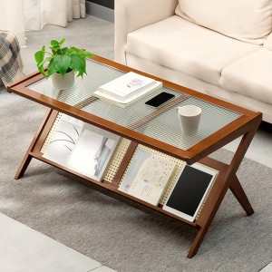 GDFStudio Gnar Mid-Century Modern 39.4" Wood Coffee Tables with Glass Top and Rattan Shelf - 1 of 4