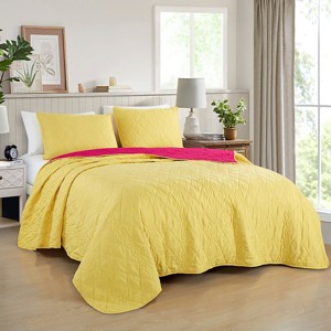 Home Mart Goods 3 Piece Yellow & Pink Geometric Reversible Quilt Coverlet Bedspread Bedding Set - 1 of 4