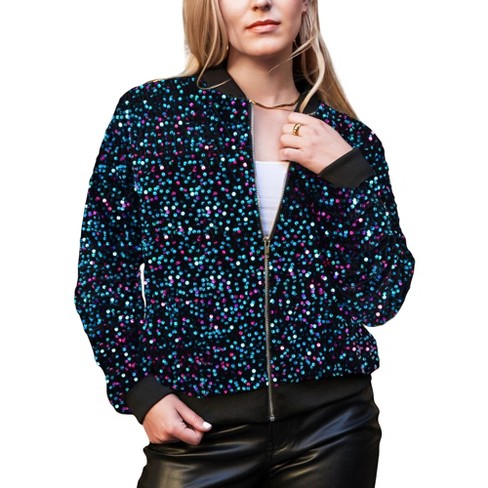 Anna-Kaci Sparkly Sequin Jacket Glitter Long Sleeves Zip Up Bomber Velvet Jacket - image 1 of 4