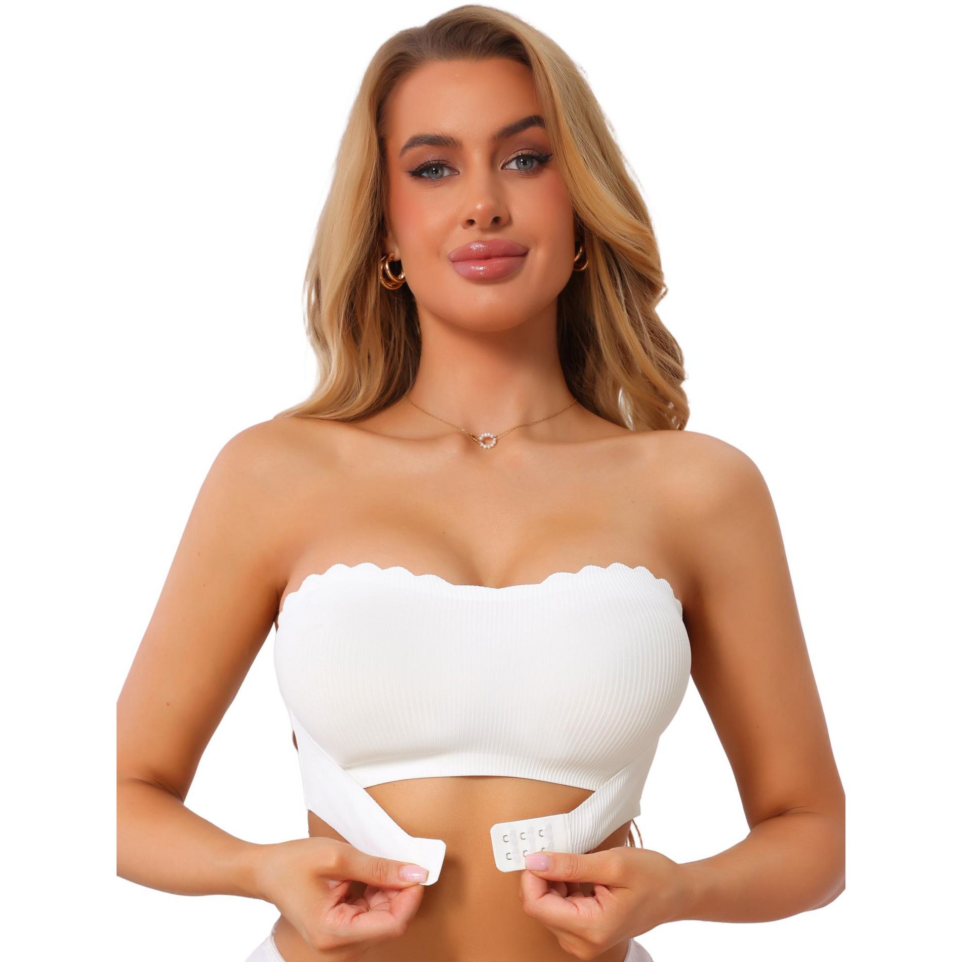 INSPIRE CHIC Women's Front Closure Push Up Strapless Bandeau Non-Slip Wavy Edge Backless Wirefree Tube Bra X-Large White