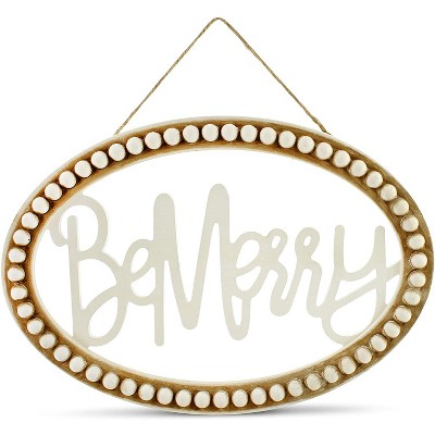 AuldHome Design Beaded Wooden Christmas Sign; Be Merry Oval Wood Holiday Decor Hanging Sign