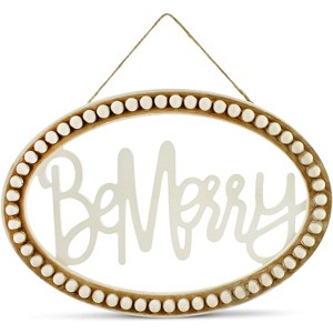 AuldHome Design Beaded Wooden Christmas Sign; Be Merry Oval Wood Holiday Decor Hanging Sign - 1 of 4