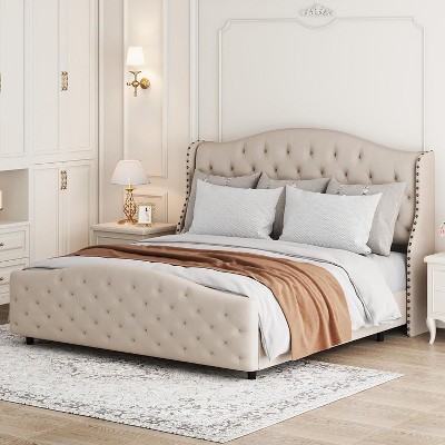 Queen Size Velvet Bed Frame with Headboard and Footboard, Tufted Wingback Headboard Upholstered Platform Bed Strong Wooden Slats Easy Assembly Beige