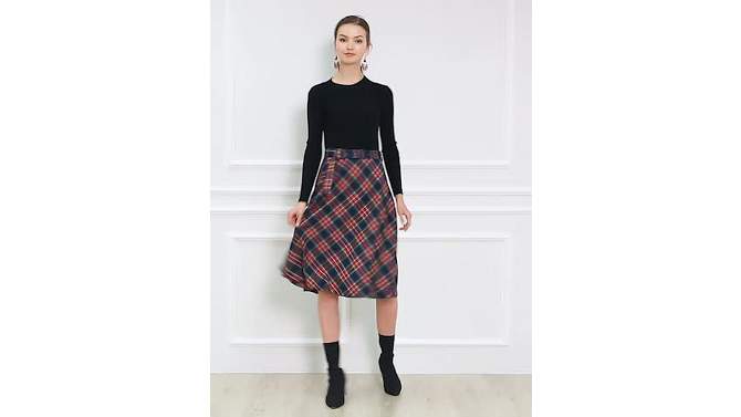 Allegra K Women's Tartan Plaid High Waist Belted Vintage A-Line Midi Skirt, 2 of 8, play video