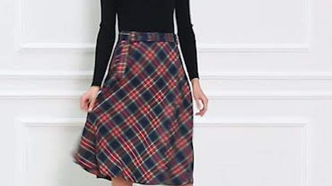 Allegra K Women's Tartan Plaid High Waist Belted Vintage A-Line Midi Skirt, 2 of 7, play video