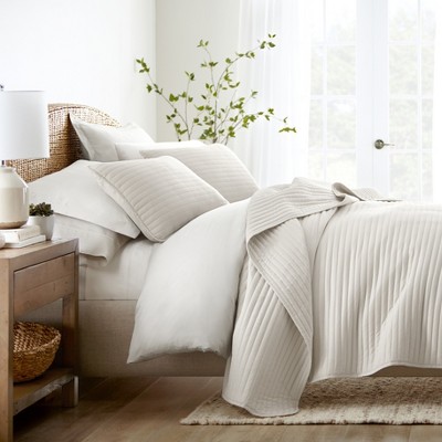 Stripes Floral and Diamonds Quilted Coverlet Set With Shams - Becky Cameron - Stripe Stitch/Natural - Queen
