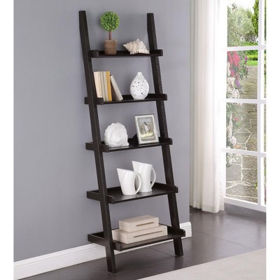 TOAOTBNBO 5-Tier Wood Leaning-Ladder Bookcase, Freestanding Bookshelves with Stroage Cabinet, Tall Display Bookshelf for Home Office, Brown