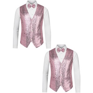 Lars Amadeus Men's Disco Shiny Sequin Sleeveless Suit Waistcoat Set with Bow Tie 2 Packs - 1 of 4