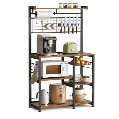 VASAGLE Bakers Rack with Magnetic Knife Holder, Paper Holder, Wire Basket, 8 Hooks, Organizers and Storage, Baker's Rack with Wire Basket