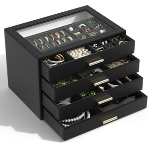 Leather Jewelry Box with Clear Lid, 2-Drawer Storage Organizer Case for Necklaces, Rings, Earrings, Bracelets - 1 of 4