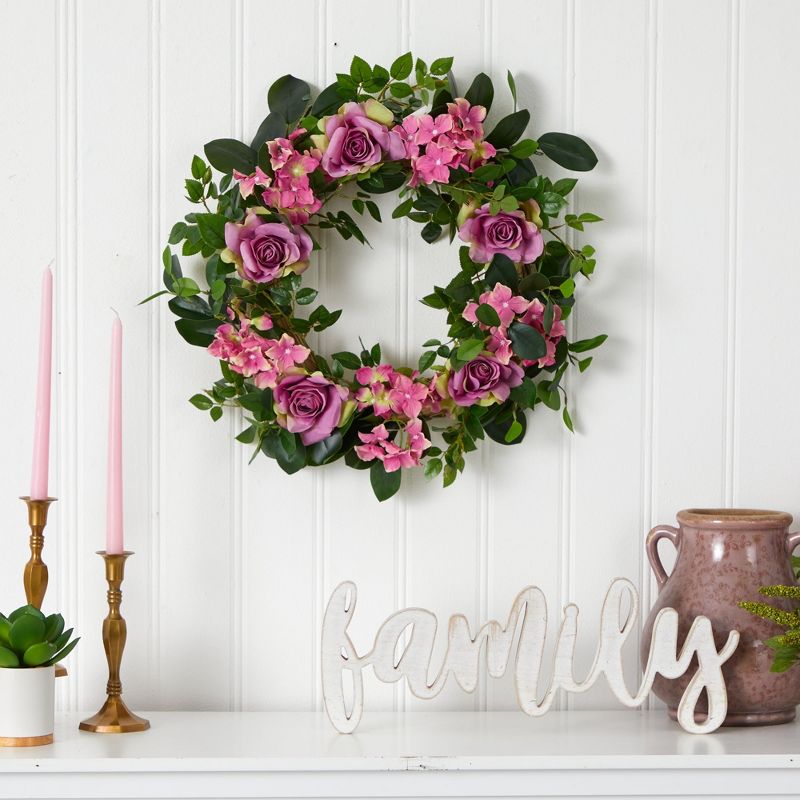 Nearly Natural 22” Pink Hydrangea and Rose Artificial Wreath, 3 of 5