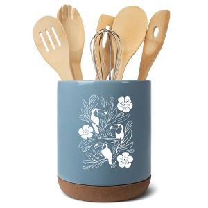Elanze Designs 8 inch Floral Toucan Large Ceramic Kitchen Utensil Holder Sky Blue and White Crock with Cork Base - 1 of 4