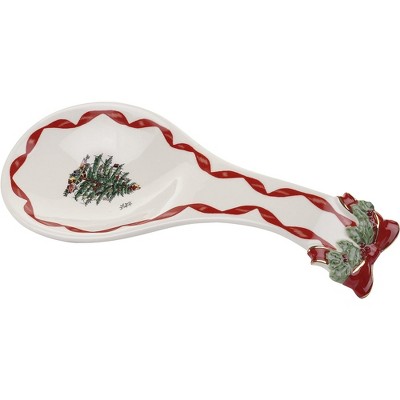 Spode Christmas Tree Ribbons Spoon Rest, 9.25" Festive Holiday Cooking Utensil Holder, Fine Earthenware - Dishwasher Safe, Christmas Kitchen Décor