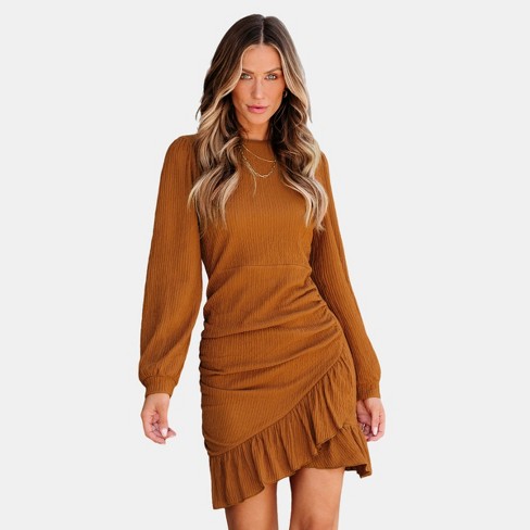 Women's Pumpkin Spice Rib Ruched Bodycon Mini Dress -cupshe : Target