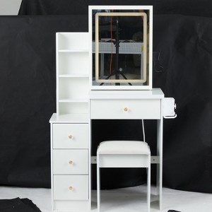 FONTOI Bedside Cabinet Vanity Table&Cushioned Stool with Hair Dryer Bracket, Dresser with Mirror, White, 12.6"*50.4"*29.2" - 1 of 4