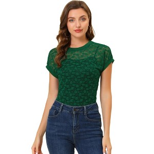 Allegra K Women's Curved Hem Sheer Short Sleeves Floral Lace Blouse - 1 of 4