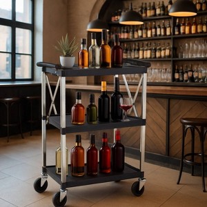 GustoWave 3 Tier Rolling Utility Collapsible Service Cart for Home Restaurants Bars Offices, Black - 1 of 4