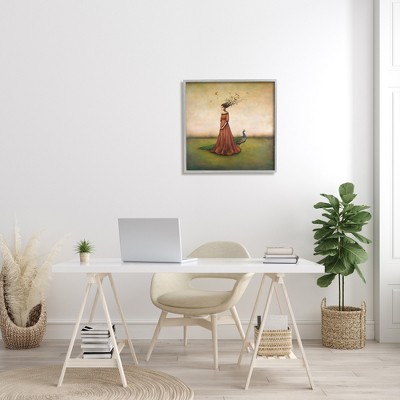 Gray Framed Abstract Woman with Birds and Peacock Art Print