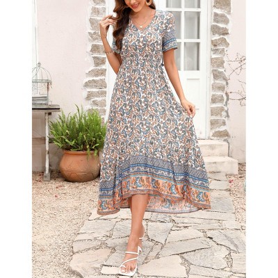 Coolmee Women's Boho  Dress High Waisted Beach Short Sleeve Dress Casual Floral V Neck Maxi Dress