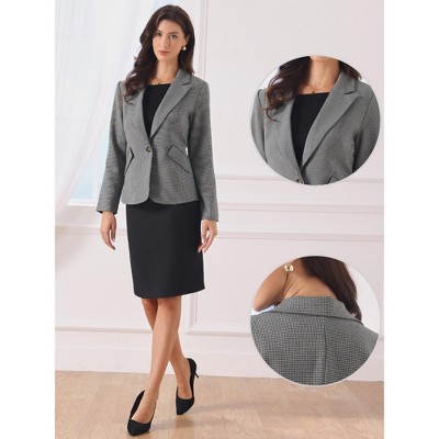 Женские пиджаки INSPIRE CHIC Women's Vintage Houndstooth Notched Lapel One Button Office Blazer Small Navy Blue — фото 2