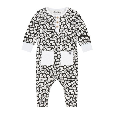 Image of Mixed Up Clothing Infant Baby Long Sleeve Button Front Romper - Black/White/Hello - 0-3 Months