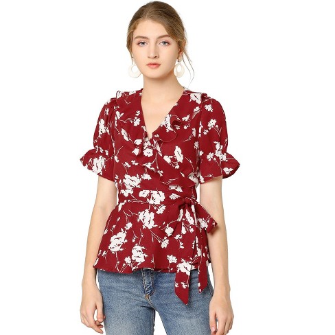 Allegra K Women's Floral V Neck Tie Waist Short Sleeve Belted Ruffle Wrap  Shirt Red Large : Target