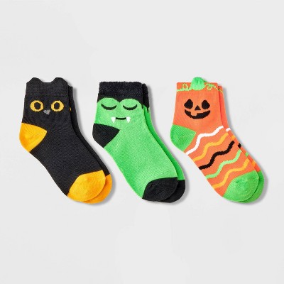 Kids' 3pk Halloween Pumpkin and Monster Ankle Socks - Cat & Jack™ Black/Green/Orange, 1 of 5