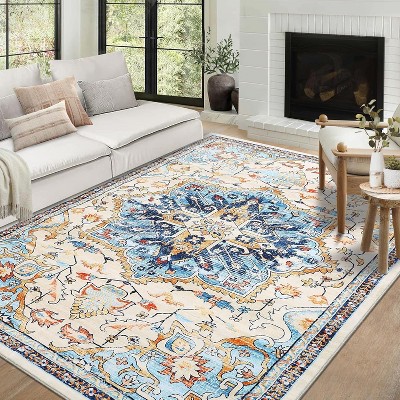 Washable Long Runner Rug, Oriental Vintage Floral Rug, Low Pile Non-Slip Soft Faux Wool Rug, Hallway, Bedroom, Kitchen, Laundry Room, Entryway