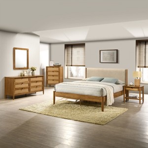 ORRD 5-Piece Rubberwood Bedroom Set, Queen Upholstered Bed, Dresser, Mirror, Nightstand & Chest, Textured Fabric, Light Walnut Finish - 1 of 4