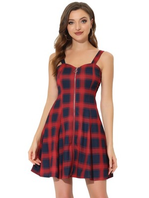Allegra K Women's Plaid Zipper Front Strap Sleeveless Mini Party A-Line Dress