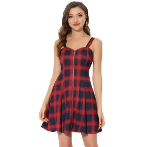 Allegra K Women's Plaid Zipper Front Strap Sleeveless Mini Party A-Line Dress - 1 of 4