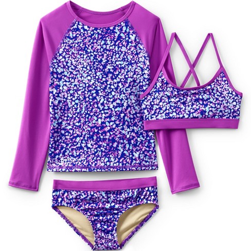 Lands' End Kids Plus Chlorine Resistant Rash Guard Swim Top Bikini Top and  Bottoms UPF 50 Swimsuit Set - Medium - Electric Blue Mosaic Dot