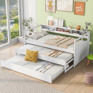 Twin XL Daybed With 2 Trundles 1 Light For Free USB Charging Design Wooden Bed Frame With 3 Storage Cubbies For Kids Teens - 1 of 4
