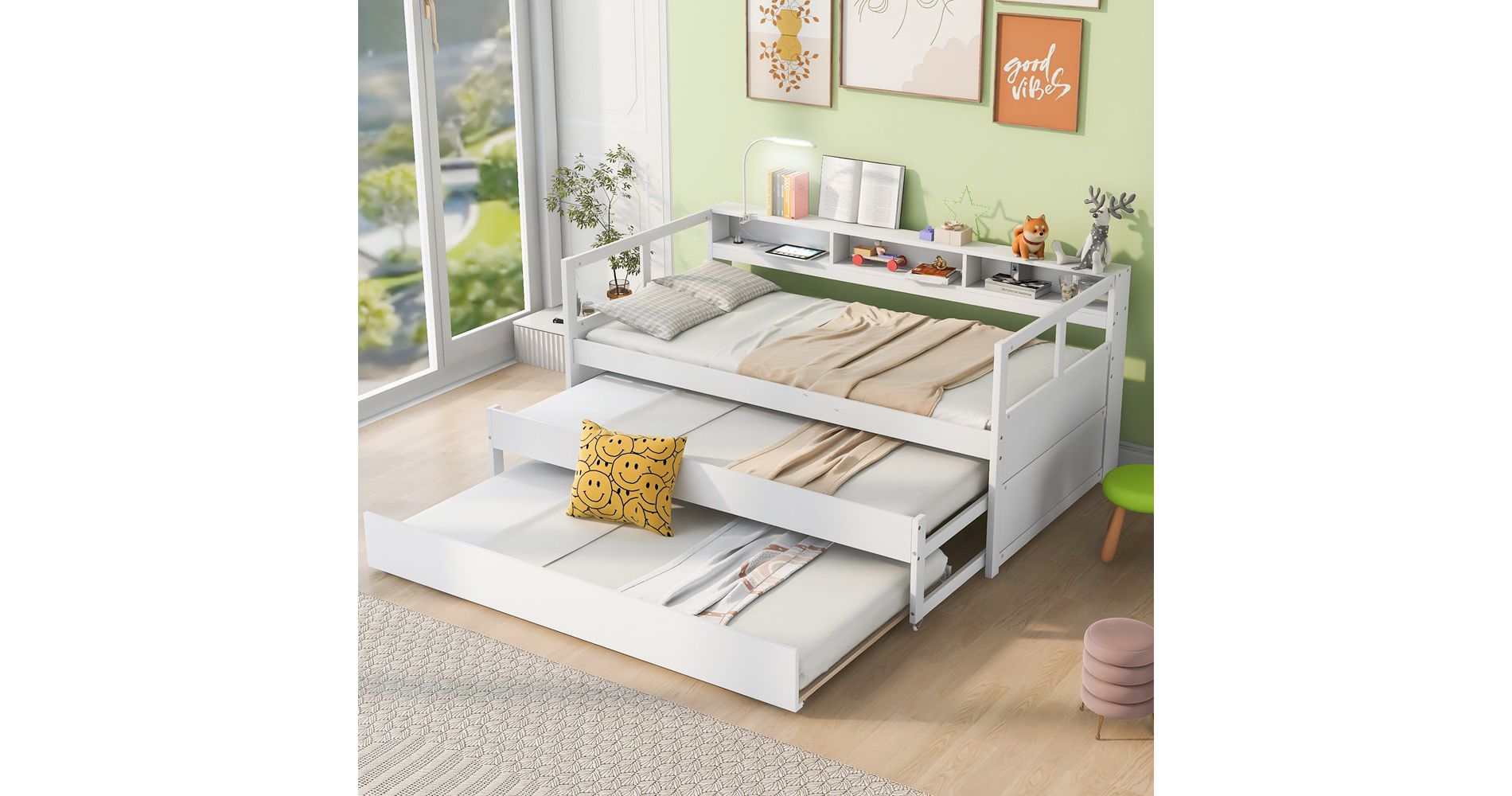 Twin XL Daybed With 2 Trundles 1 Light For Free USB Charging Design Wooden Bed Frame With 3 Storage Cubbies For Kids Teens White
