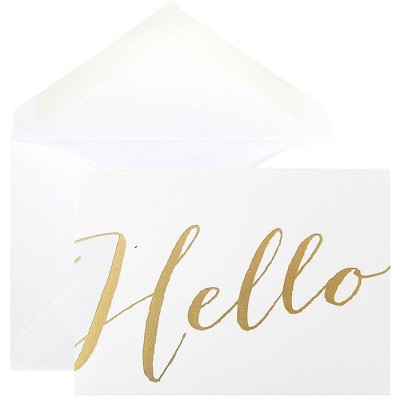 JAM Paper Blank Greeting Cards Set Hello White with Gold Script 10/Pack D41113NGLMB