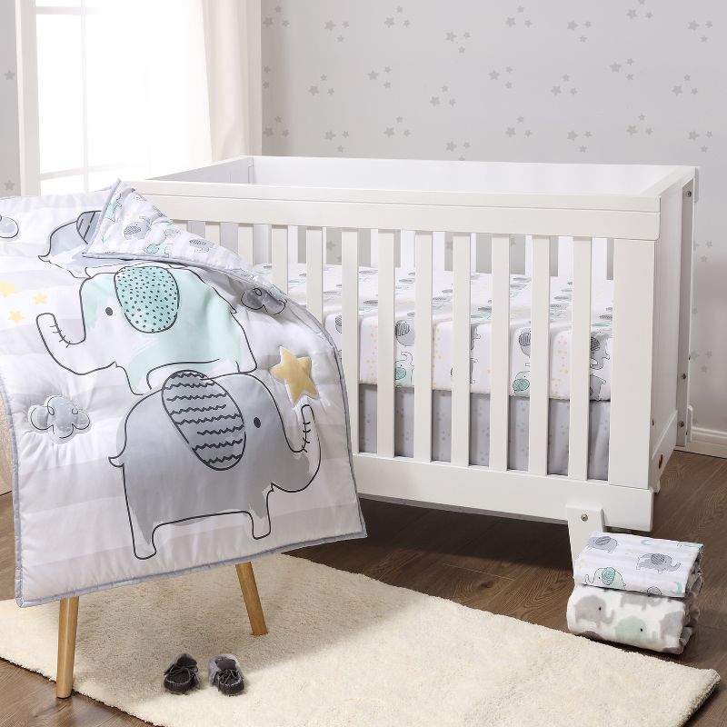 The Peanutshell 5-Piece Elephant Dreams Baby Crib Bedding Set for Boys and Girls with Extra Sheet, Quilt and Blanket, 1 of 10