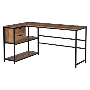 HOMCOM L-Shaped Home Offie Computer Desk with Storage Shelves, 2 Dawers and Industrial Steel Frame, Black/Brown - 1 of 4