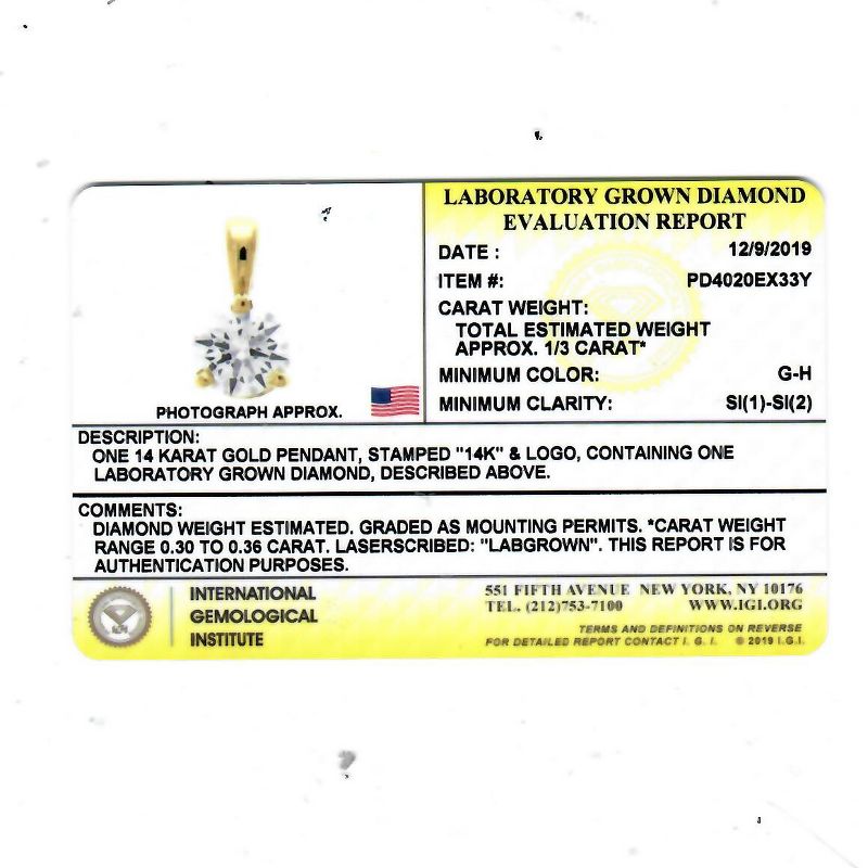 Pompeii3 1/3Ct Diamond Solitaire Pendant EX3 Lab Created IGI Certified Yellow Gold (GH/SI), 2 of 4