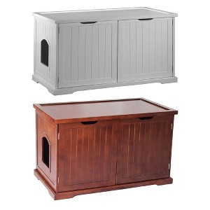 Merry Products Pet Cat Litter Box Washroom Storage Bench Box with Removable Partition Wall and Cat Entrance, 1 White and 1 Walnut - 1 of 4