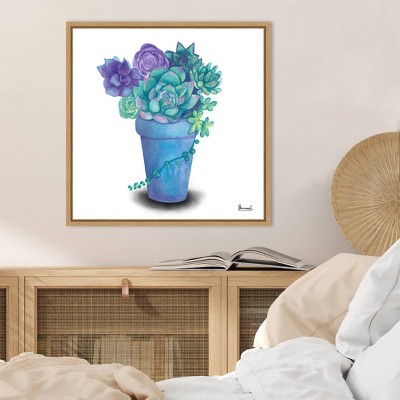 Turquoise Succulents IV Watercolor Canvas with Maple Frame