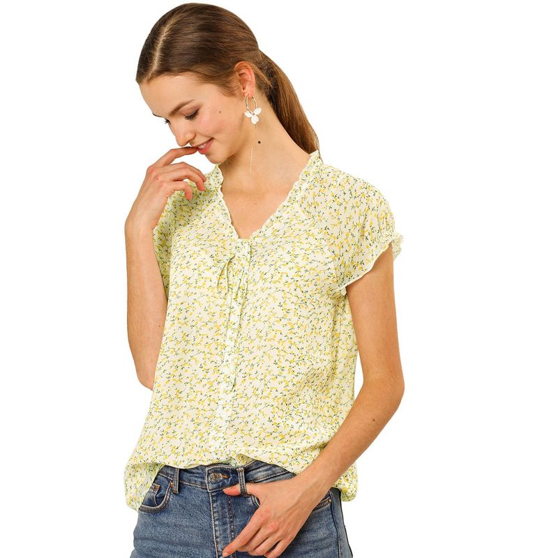 Allegra K Women's Floral Chiffon V Neck Ruffled Short Sleeve Shirt, 3 of 8